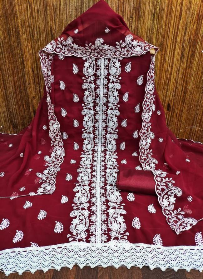 Georgette Maroon Traditional Wear Thread Work Dress Material